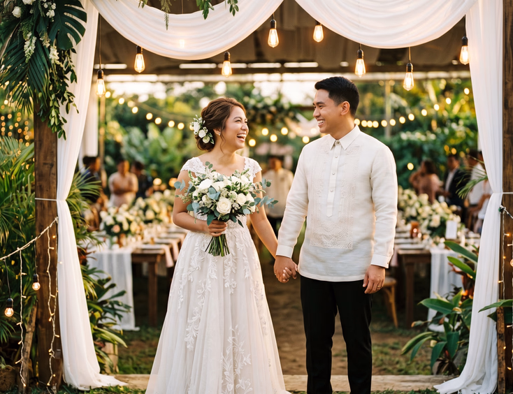Filipino bride and groom holding hands and laughing at a garden wedding reception entrance in Tagaytay.