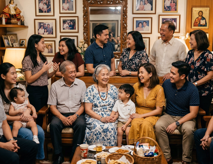 Multigenerational Filipino family gathered in a warmly lit living room, lola seated at center surrounded by relatives in smart casual and traditional Filipino attire