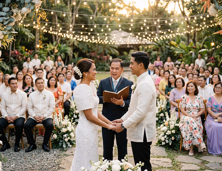 Filipino outdoor garden wedding ceremony with bride in embroidered white gown and groom in cream barong tagalog standing at floral altar before a civil officiant, guests seated under string lights in golden afternoon light