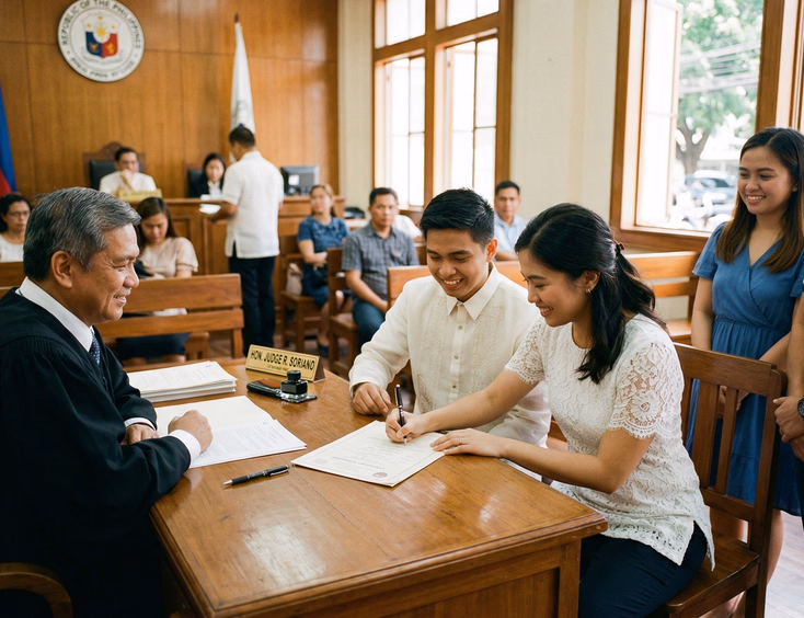 Filipino couple signing marriage certificate at a Philippine courtroom with judge and witnesses present