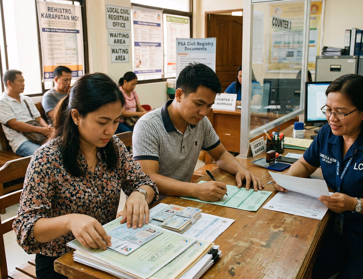 Filipino couple organizing civil wedding documents at a Local Civil Registrar office in the Philippines