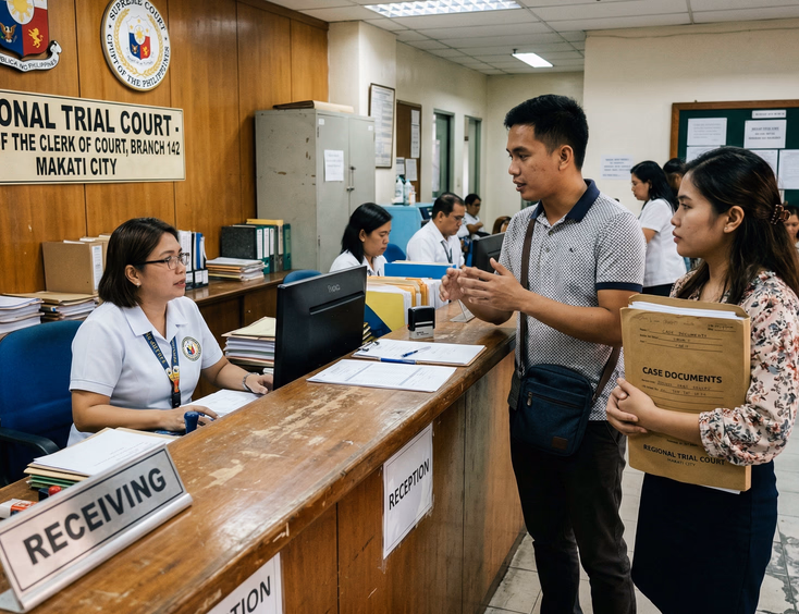 Filipino couple submitting marriage documents at a Regional Trial Court clerk of court office in the Philippines