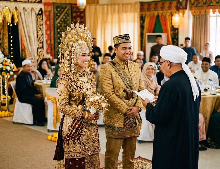 Muslim Filipino couple in traditional Maranao wedding attire during a nikah ceremony in Mindanao Philippines