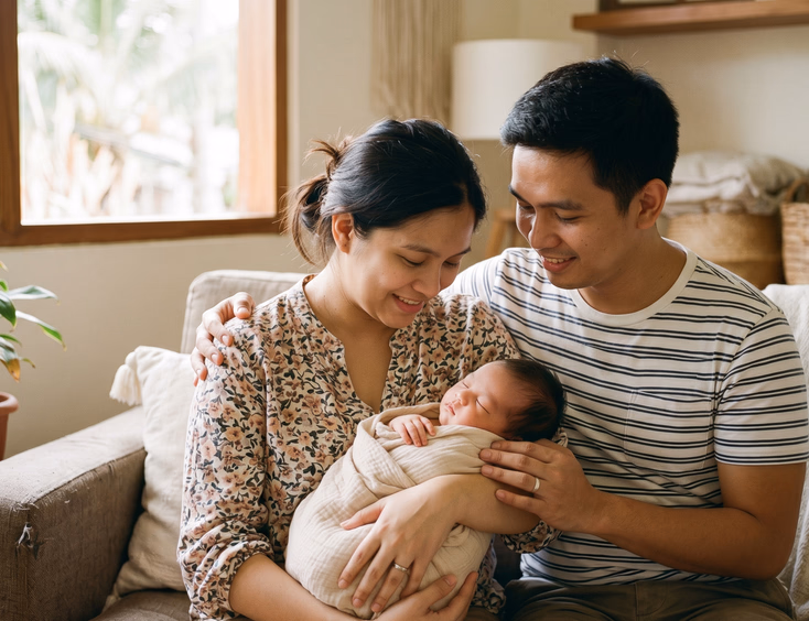 A Filipino mother and father look down lovingly at their swaddled newborn sleeping in a neutral wrap within a warm, sunlit home.
