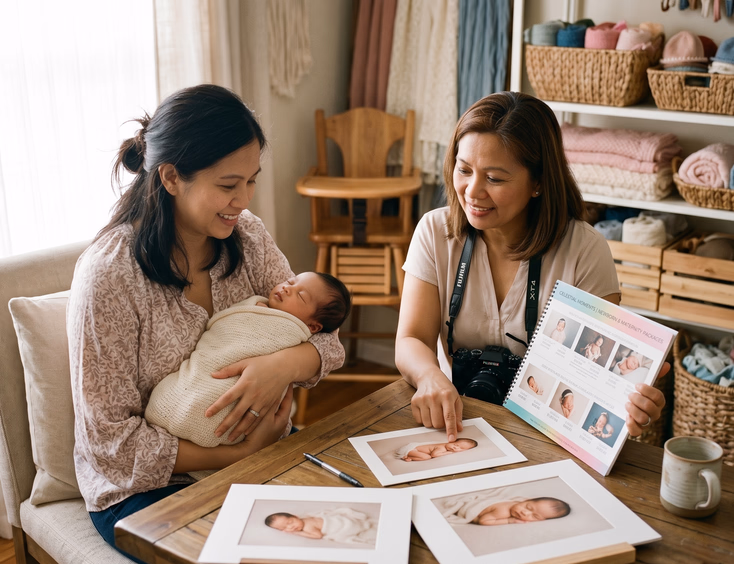 A Filipino mother holds her newborn while a photographer displays a package guide and sample prints on a table in a bright studio.