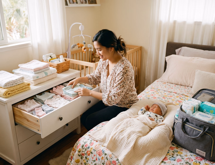 A Filipino mother organizes clean blankets and tiny outfits in a tidy bedroom while her newborn rests nearby in soft morning light.