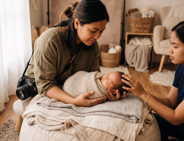 A Filipino newborn photographer carefully supports a swaddled baby in a warm studio while an assistant spots closely during the session.