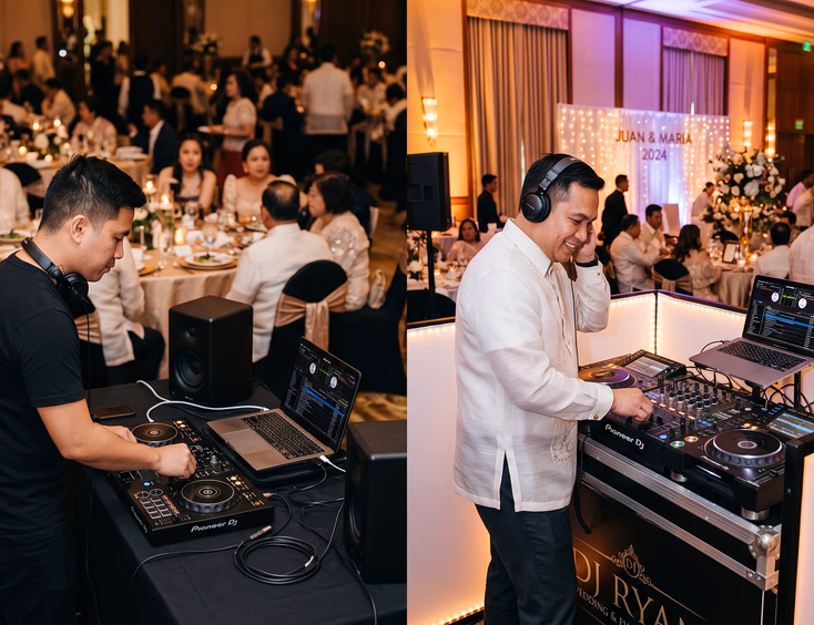 Side-by-side comparison of a casual events DJ with a compact controller versus a professional Filipino wedding specialist DJ at a full console in a wedding reception ballroom