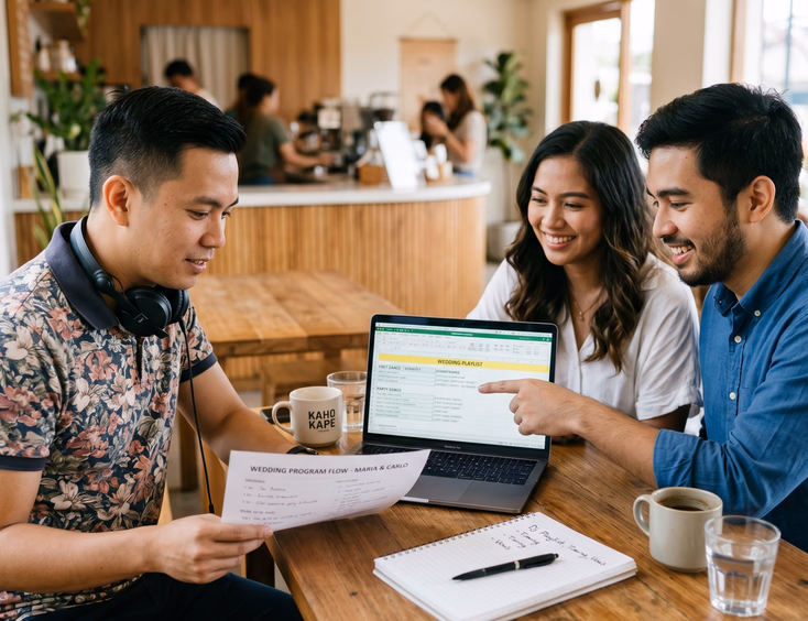 Filipino wedding specialist DJ in a pre-wedding planning meeting with a bride and groom at a coffee shop reviewing a wedding program flow and playlist