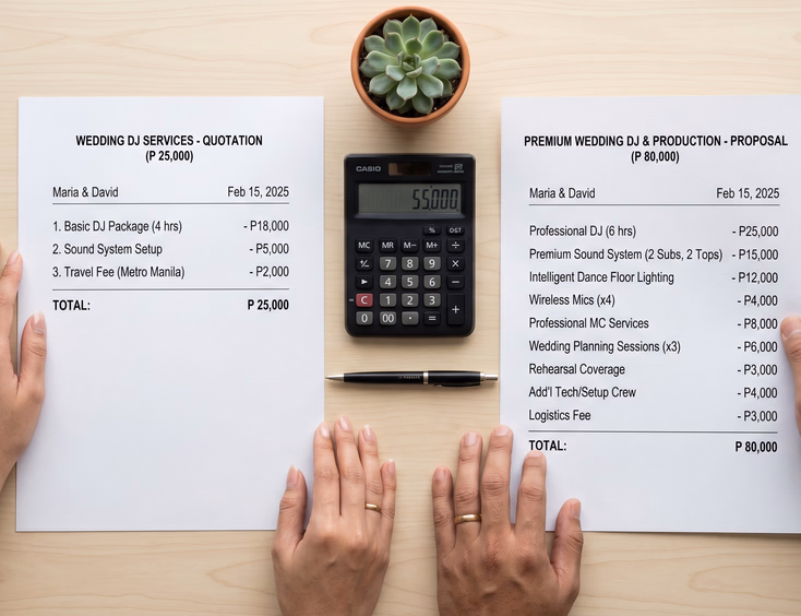 Overhead flat lay of two wedding DJ quotation sheets side by side being compared by a Filipino couple with a calculator and pen on a white desk