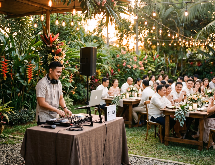 Filipino events DJ with a compact portable controller setup performing at a small intimate garden wedding reception with string lights and farm tables