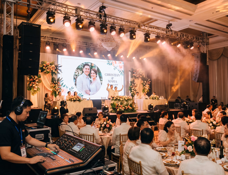 Filipino wedding reception inside hotel ballroom showing mixing console technician, LED wall couple photo, and moving head lighting rig with guests seated