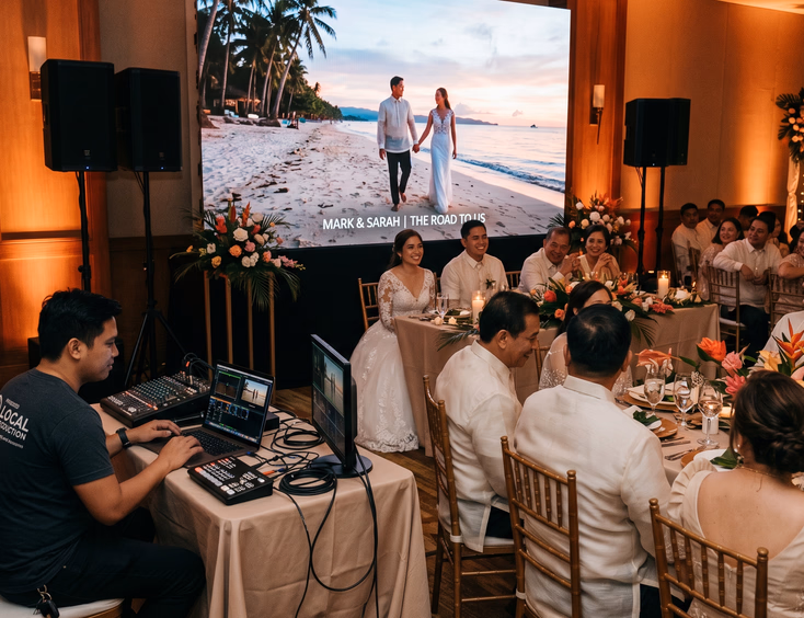 Filipino wedding reception with LED wall playing prenuptial beach video while technician operates laptop video switcher and guests watch with smiles