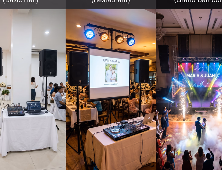 Three-way comparison of Filipino wedding reception setups ranging from minimal speakers and mixer to mid-range projector and LED lights to full grand ballroom production with LED wall and cold pyro sparks