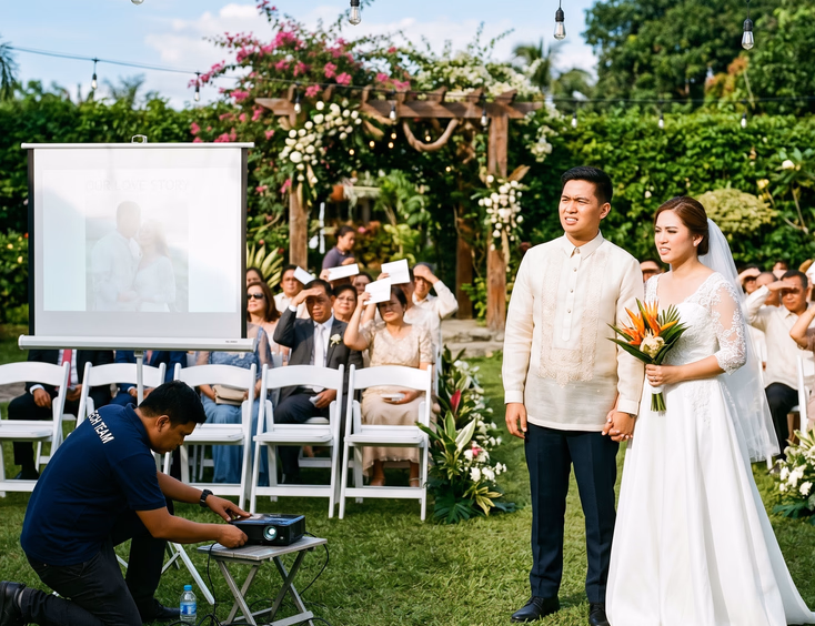Filipino couple and technician struggling with washed-out projector screen at outdoor garden wedding during bright afternoon sunlight