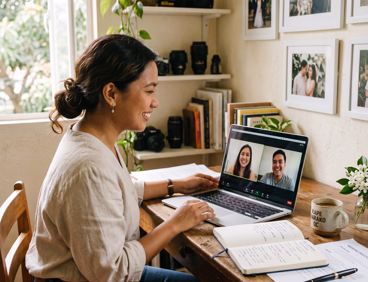 Filipino wedding photographer conducting a discovery video call with an engaged couple on her laptop in a Quezon City home studio.