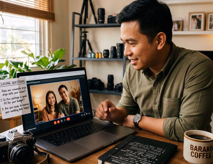 Filipino wedding videographer asking closing questions to a couple on a video call in his Marikina studio.