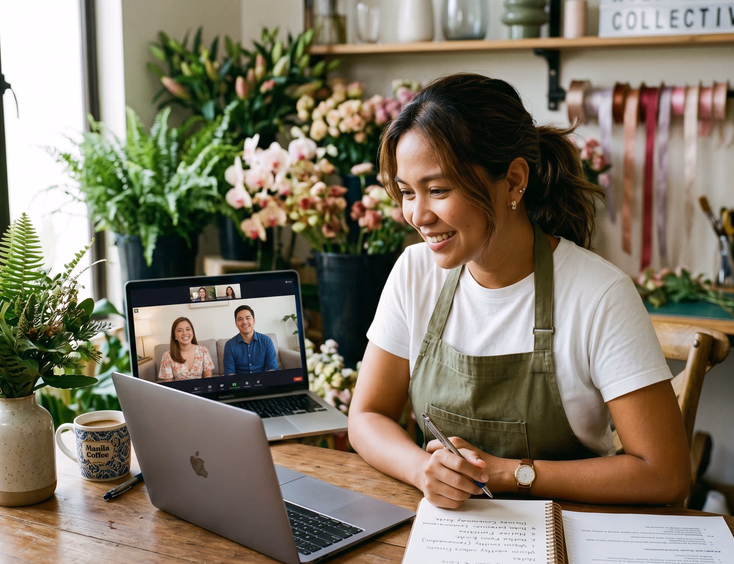 Filipino wedding florist running a virtual discovery call with an engaged couple together on her laptop screen in a Pasig studio.