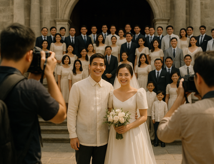 Young Filipino couple surrounded by their entourage on church steps as photographers compose a wide group after the ceremony