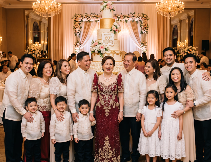 A 60-year-old Filipina in an elegant terno gown poses with her multi-generational family in front of a tiered cake in a ballroom.