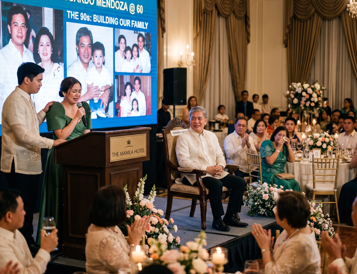 A 60-year-old Filipino man in a barong tagalog listens to emotional tributes from his children during a ballroom birthday party.