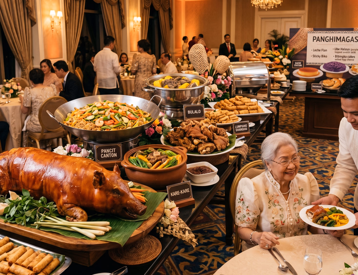 A grand Filipino buffet in a ballroom features lechon, pancit, and traditional desserts like leche flan for a 60th birthday.