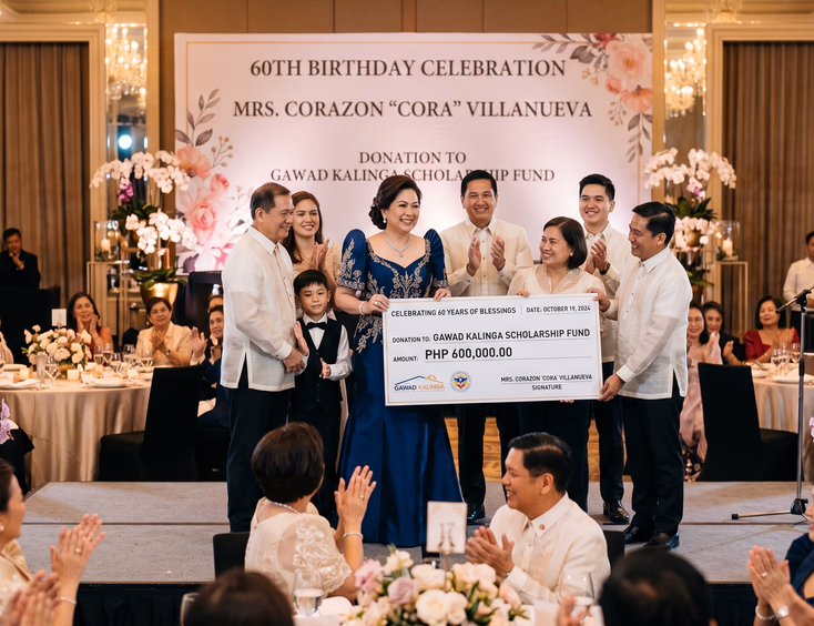 A 60-year-old Filipina presents a charitable donation during her birthday celebration on a hotel ballroom stage, with family.
