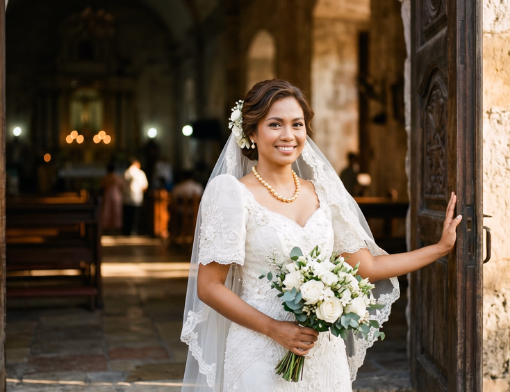 Filipino bride in white wedding gown wearing golden South Sea pearl strand necklace standing in sunlit church doorway with wooden doors, editorial wedding photography