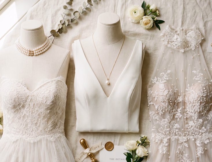 Editorial flat lay of three wedding gown necklines on cream linen styled with pearl choker, single pearl pendant, and pearl studs with bracelet, soft natural window light, overhead styled wedding photography
