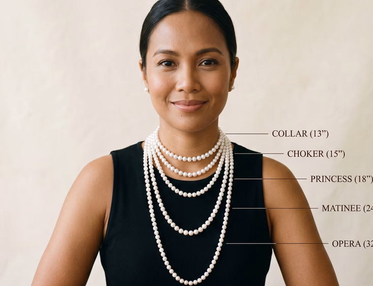 Filipino woman wearing five labeled pearl necklaces from collar to opera length against neutral cream background, clean minimal styling, soft studio lighting, jewelry lookbook photography