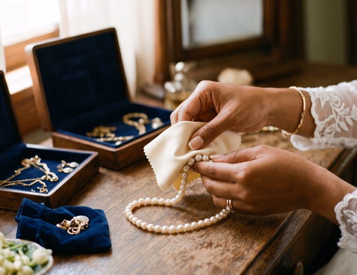 Close-up of Filipino woman's hands wiping pearl strand necklace with soft cloth beside open velvet pouch and jewelry box on wooden vanity, editorial wedding photography