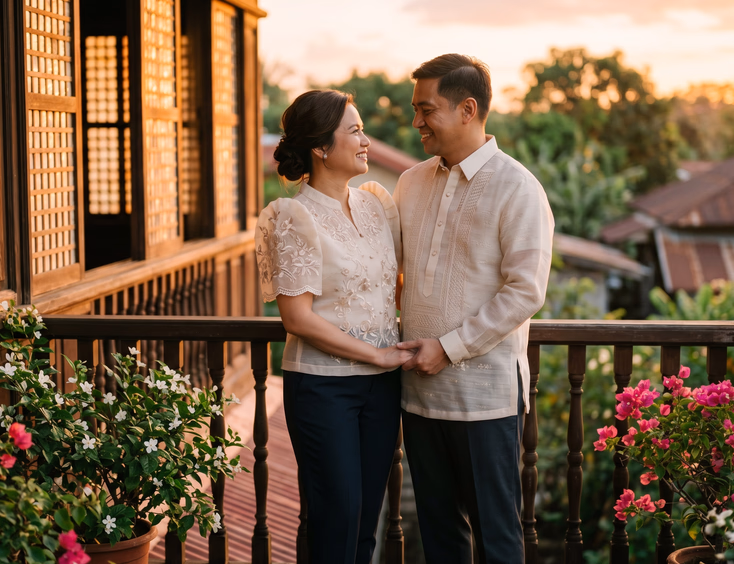 Filipino couple in modern terno and barong tagalog on a heritage home balcony at golden hour.