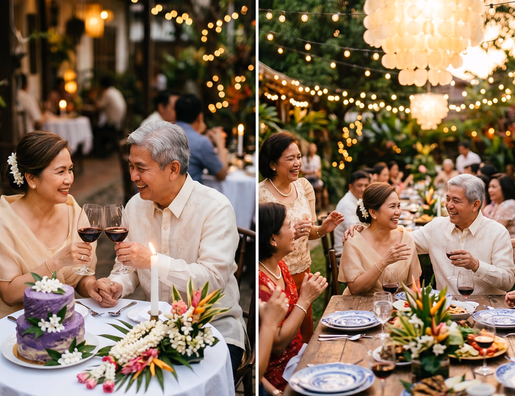 Split image of a Filipino couple celebrating their wedding anniversary with an intimate dinner and a family garden reception.
