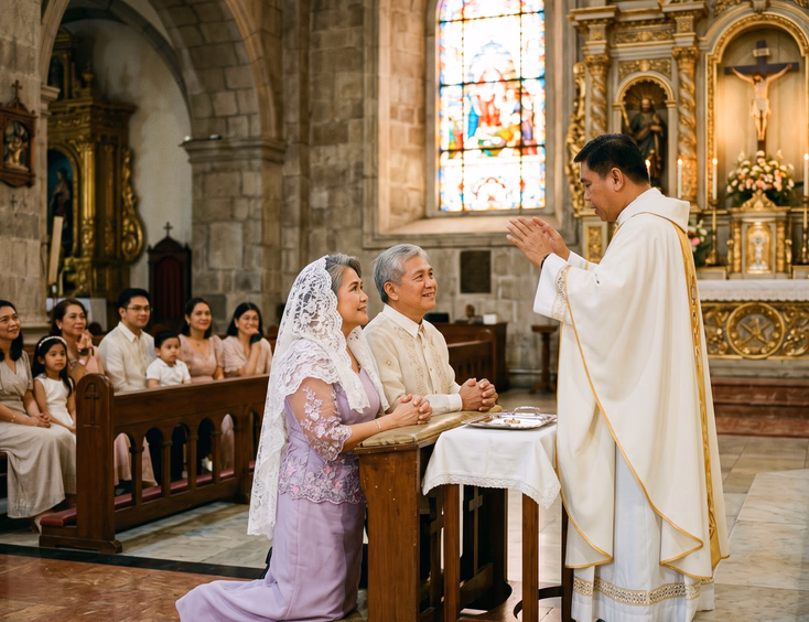 Filipino couple receiving a marriage blessing from a priest inside a historic Spanish colonial church.