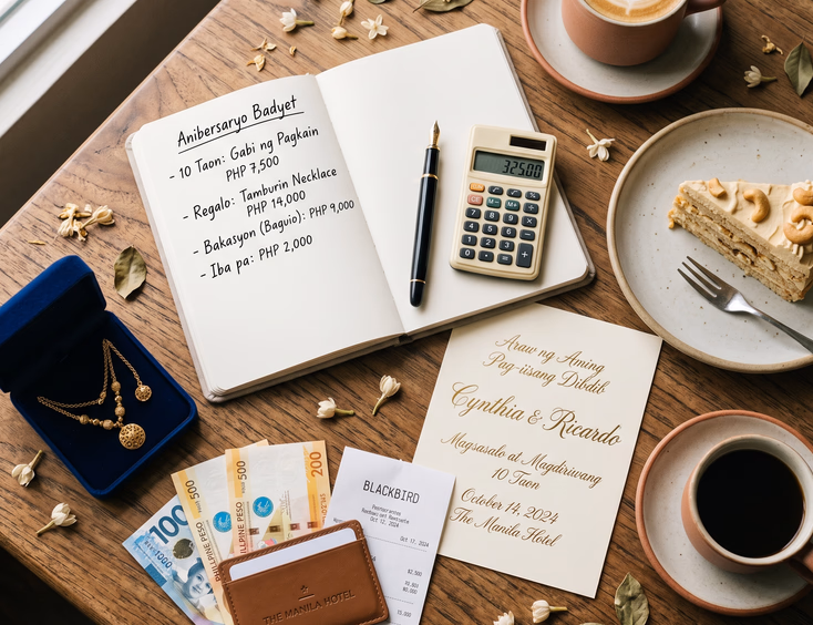 Flat lay of Filipino anniversary planning elements, gold jewelry, and a slice of sans rival cake on a wooden table.