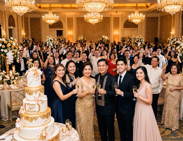 A 50-year-old Filipina in a beaded gold gown toasts with her family beside a tiered cake in a grand hotel ballroom celebration.