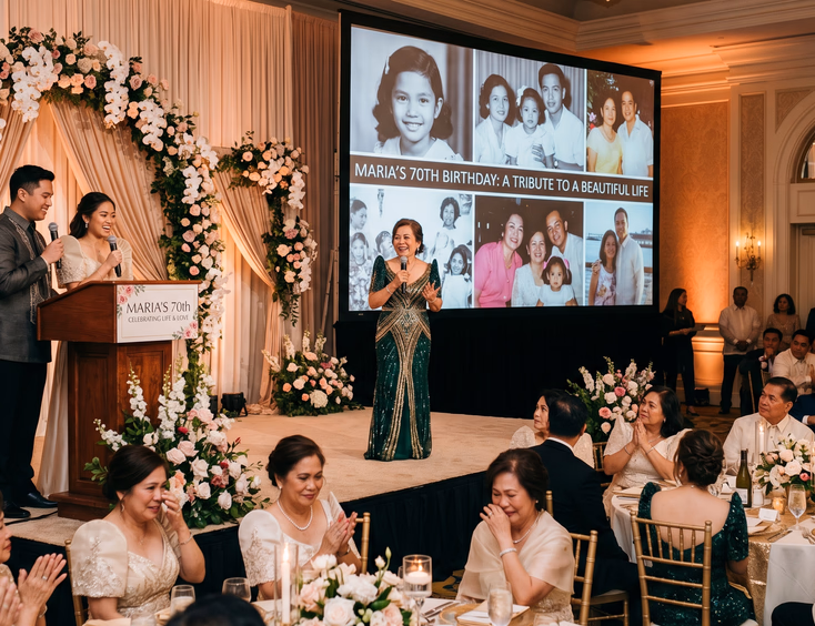 A Filipina in a sequined gown stands on a ballroom stage watching a tribute video as her children deliver a speech at a podium.