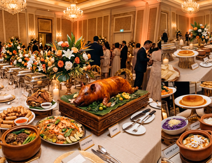 An elegant Filipino buffet in a ballroom features a lechon centerpiece, traditional dishes, and a dessert station for a party.