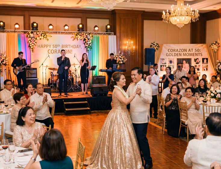 A Filipina in a gold gown shares a first dance with her husband in a barong tagalog at her 50th birthday celebration in a ballroom.