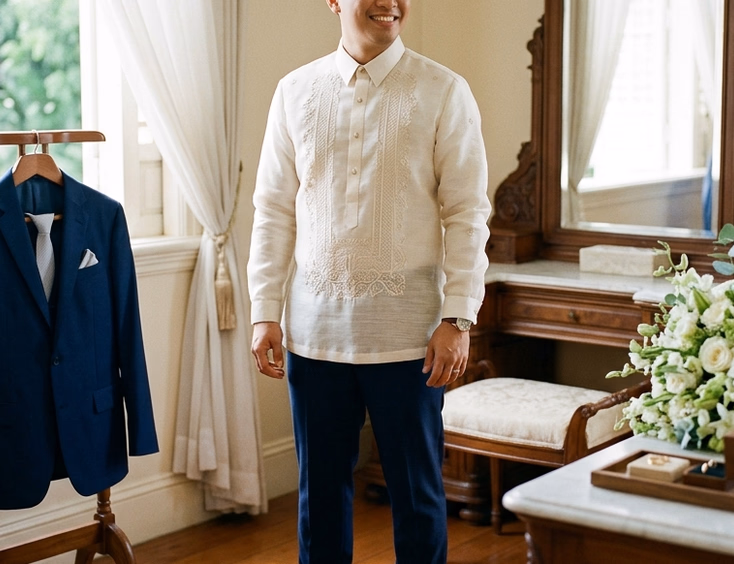 Filipino groom in piña barong tagalog and white camisa de chino standing in a softly lit dressing room with wedding rings and bouquets reflected in a vanity mirror on his wedding morning