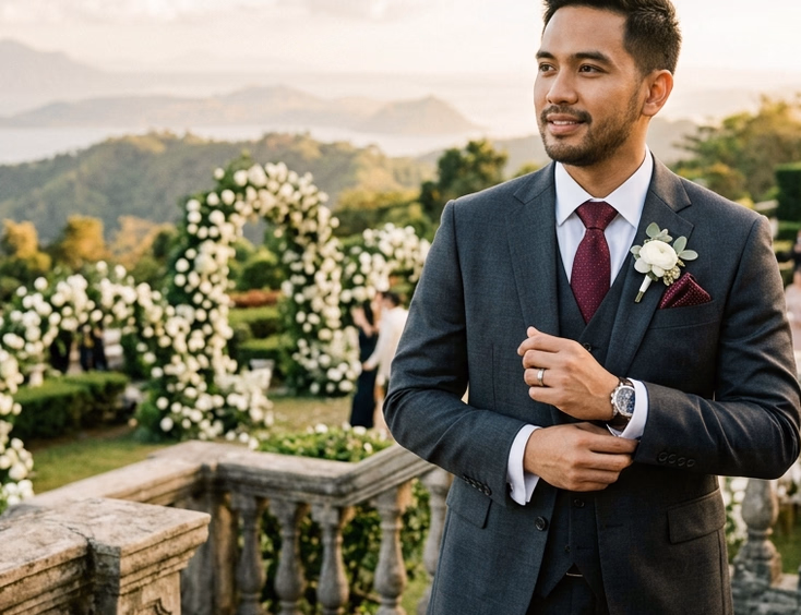 Filipino groom in a slim-fit charcoal three-piece suit with burgundy tie standing on an outdoor terrace at a Tagaytay garden wedding venue during golden hour