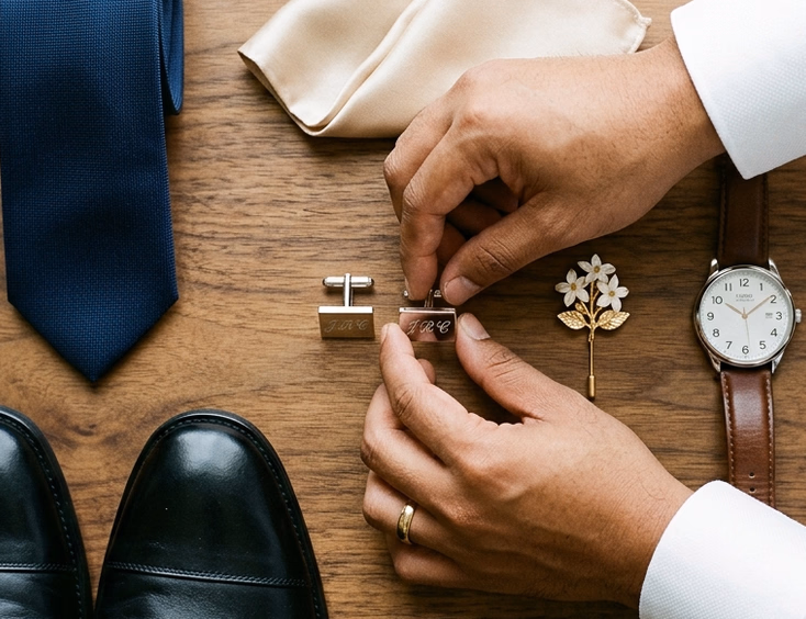 Flat lay of Filipino groom wedding accessories including silk tie, pocket square, monogrammed silver cufflinks, sampaguita lapel pin, leather-strap wristwatch, and black oxford shoes on a walnut wood surface