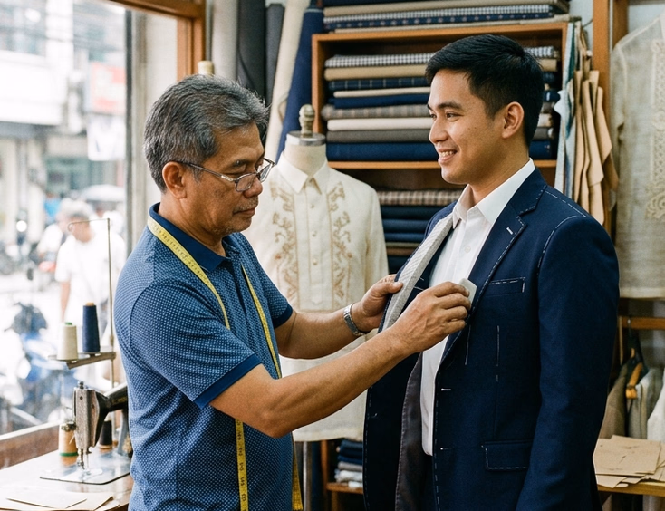 Filipino tailor marking chalk lines on a navy suit jacket worn by a groom inside a Manila atelier filled with fabric bolts, dress forms, and barong samples