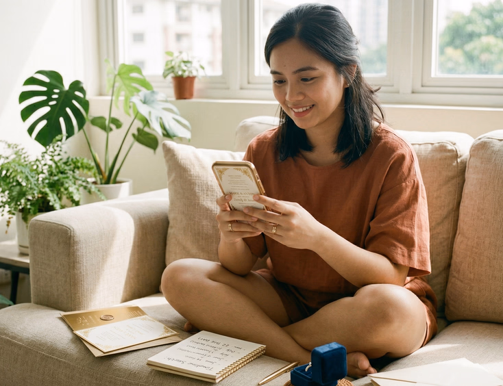 A Filipino woman in her late 20s sits cross-legged on a beige sofa holding a smartphone displaying a digital wedding invitation, with a printed invitation card and a small open notebook with a timeline sketch on the cushion beside her in soft natural afternoon light.