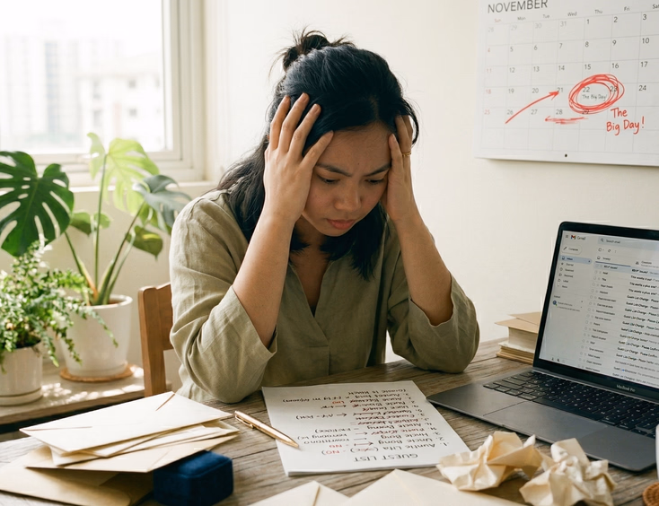 A Filipino woman in her early 30s sits at a cluttered home office desk looking visibly stressed, surrounded by disorganized wedding invitation envelopes, a printed guest list with crossed-out names, an open laptop showing an email inbox, and a wall calendar with a wedding date circled aggressively in red marker, with a cold untouched cup of coffee at the desk's edge.