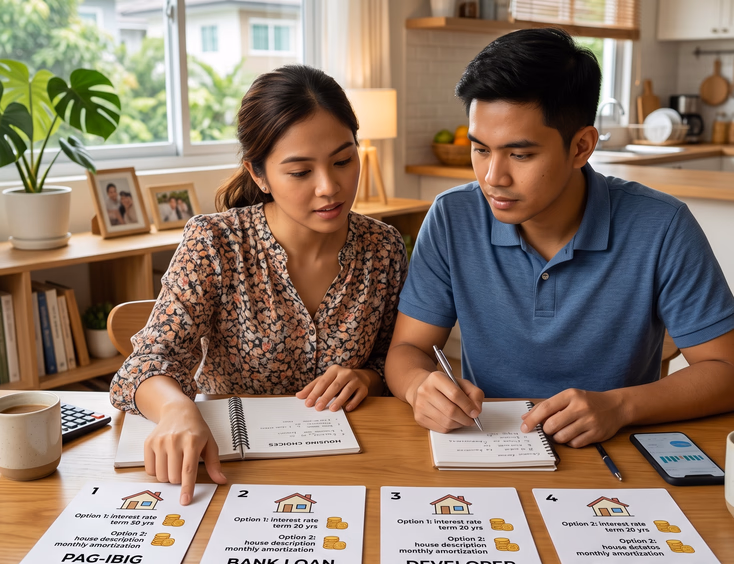 A focused young Filipino couple sits at a table in a bright modern home, studying and comparing four labeled cards with house and coin icons.