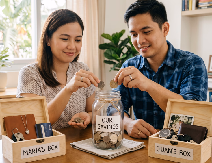 A Filipino couple at a table with separate boxes and a shared jar filling with peso coins, visualizing separate assets and shared earnings in a thoughtful mood.