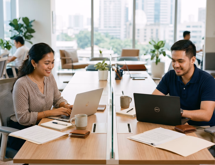 A Filipino couple sits side by side at a divided desk with separate folders, laptops, and wallets, displaying independent yet friendly body language.
