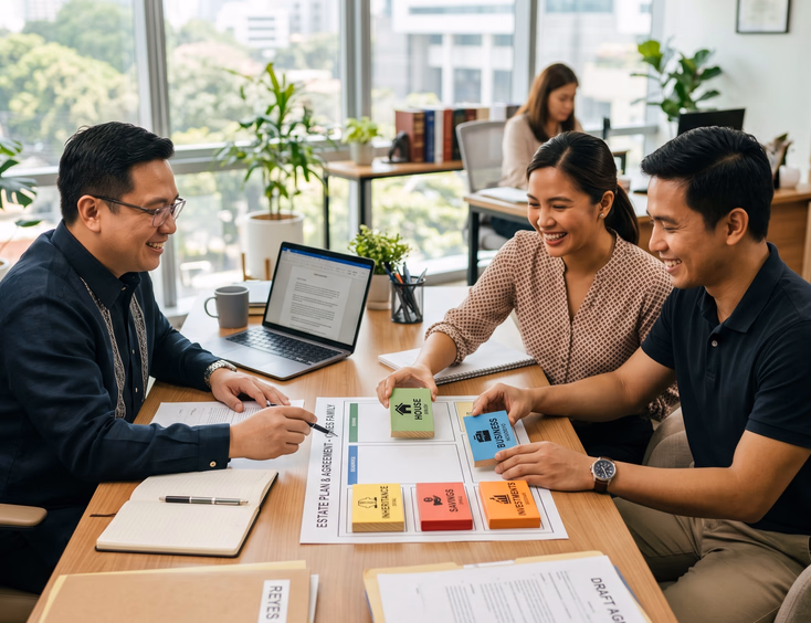 A Filipino couple works with a lawyer in a bright office, arranging labeled blocks representing property and inheritance to customize a tailored agreement.