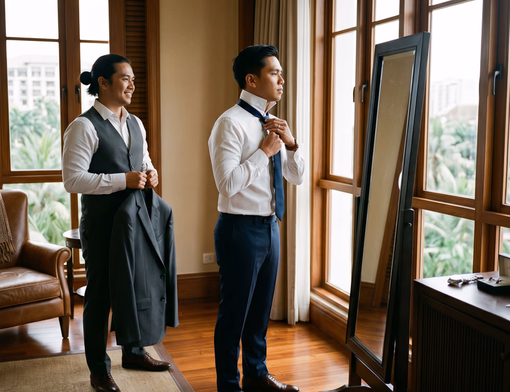 Filipino groom in a white dress shirt and dark trousers adjusting his navy tie with his best man in a sunlit hotel suite.